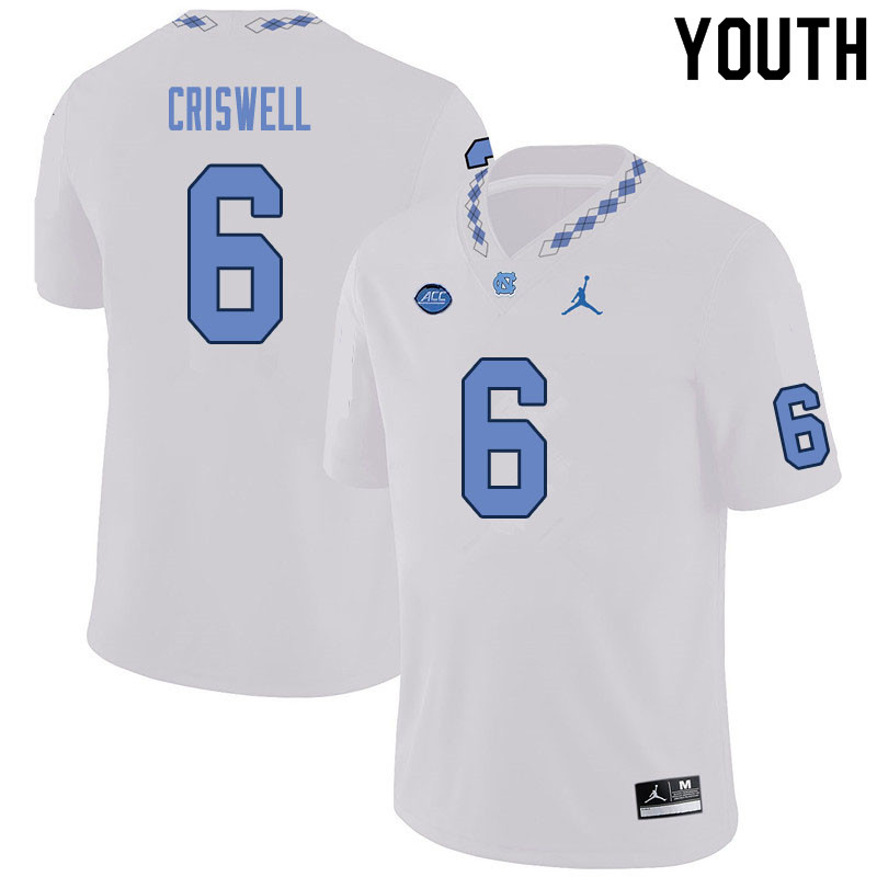 Youth #6 Jacolby Criswell North Carolina Tar Heels College Football Jerseys Sale-White